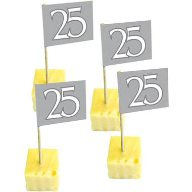 25 Jaar zilveren Vlagprikkers. Bijvoorbeeld te gebruiken tijdens feestgelegenheid/feestgelegenheden ook leuk te combineren met servetten en slingers.