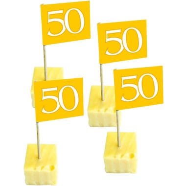 50 Jaar Gouden Vlagprikkers - 50 stuks. Inhoud: 50 prikkers. Kleur: Goudkleurig. Bijvoorbeeld te gebruiken tijdens de volgende feestgelegenheid/feestgelegenheden: jubileum, verjaardag. Deze prikkers zijn 15 cm hoog. Het artikel is gemaakt van bamboe.