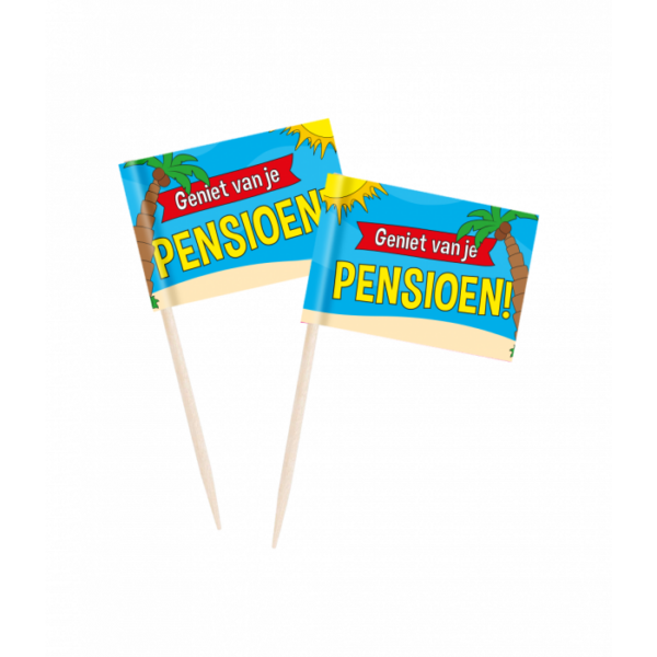 Een pakje met 50 prikkers bedrukt met de tekst geniet van je pensioen. Mooie stijlvolle versiering voor iemand die met pensioen gaat.